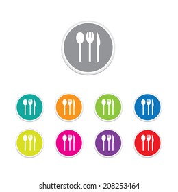 Vector - fork spoon knife icon. Round stickers. 