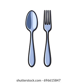vector fork and spoon sketch cartoon isolated illustration on a white background. Kitchenware equipment utensil objects concept