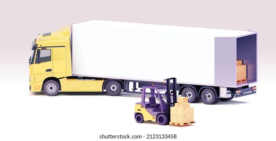 Vector forklift loading semi-truck trailer. Yellow forklift loading pallets with cardboard boxes into trailer of the truck