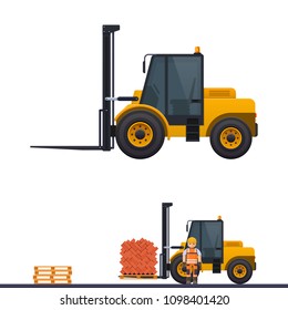 Vector forklift, orange forklift, pallet with bricks and helmet worker