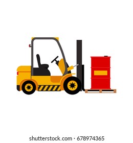 Vector forklift truck with lifted red barrel isolated flat stock illustration icon loader