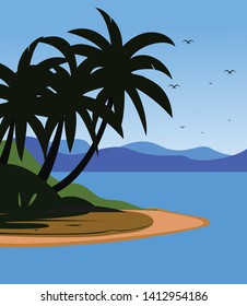a vector in the form of a blue sea and mountain landscape, a coconut tree taken close backlight, clear sky there are birds flying, in summer