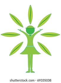 Vector in the form of a girl with hands up framed petals plant