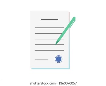 Vector form, round stamp and pen. Filling document concept. Memorandum understanding mou legal papers. Contract blank with seal. Agreement flat style icon