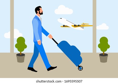 Vector of formal man in suit walking with suitcase in airport with plane flying behind window