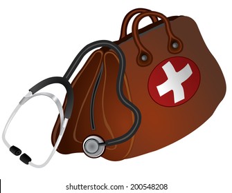 Vector format of brown doctors bag with white cross and stethoscope