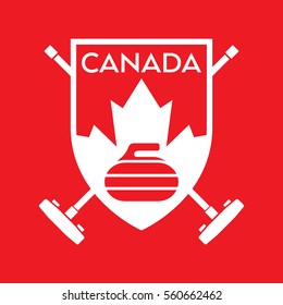 A vector format Canadian curling badge featuring a rock, a maple leaf and two crossed brooms in the background.