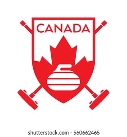 A vector format Canadian curling badge featuring a rock, a maple leaf and two crossed brooms in the background