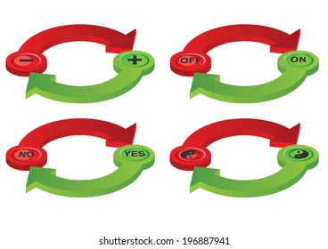 Vector format of contradictory green and red spatial arrows with symbols