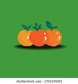 Vector format image of a bunch of fruit with orange effects arranged in a black shadow below on a green background