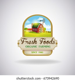 Vector format label with the image of a farm, fields and pastures. The good choice for Logo, emblem, lable, sticker