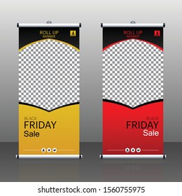 Vector format modern roll Up Banner stand design with Black Friday sale inscription design template, marketing price tag, discount, advertising, explosion. Brochure for exhibition, fair.