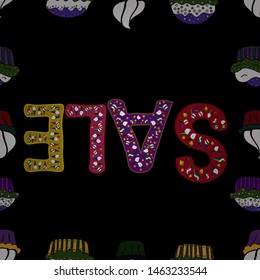 Vector format. Picture in purple, black and white colors. Sale Discount background for the online store, promotional leaflet, shop, poster, banner. Seamless pattern.