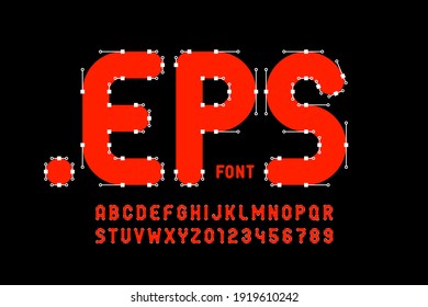 Vector format style font with Bezier curves, anchor points and handles, alphabet letters and numbers vector illustration