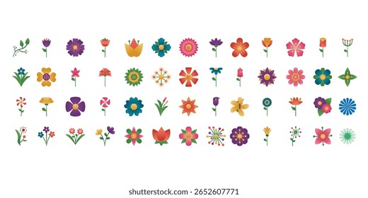 Vector format of various floral designs and various flowers, plants and medicinal plants on a white background, Collection of spring colorful flower elements vector. Set floral of wildflower, leaf