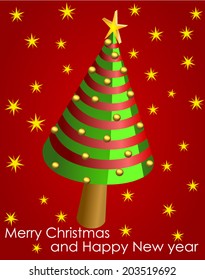 Vector format of wish card with conical Christmas tree and shiny balls