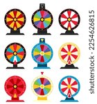 vector fortune wheel illustrations with no numbers. casino game fortune roulette icon collection isolated on white background. flat graphic of colorful spinning lottery wheel