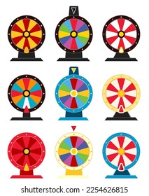 vector fortune wheel illustrations with no numbers. casino game fortune roulette icon collection isolated on white background. flat graphic of colorful spinning lottery wheel