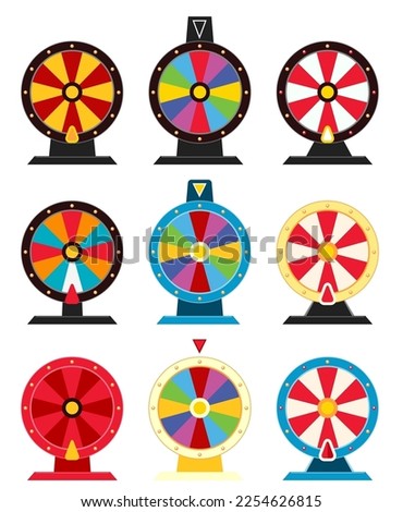 vector fortune wheel illustrations with no numbers. casino game fortune roulette icon collection isolated on white background. flat graphic of colorful spinning lottery wheel