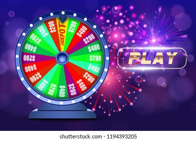 Vector fortune wheel, Online casino design concept. 3d object on abstract defocused circular blue bokeh background. Wheel of luck. Whill of fortune with play button