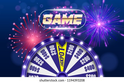 Vector fortune wheel, Online casino design concept. 3d object on abstract defocused circular blue bokeh background. Wheel of luck. Whill of fortune with play button