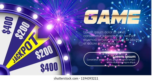 Vector fortune wheel, Online casino design concept. 3d object on abstract defocused circular blue bokeh background. Wheel of luck. Whill of fortune with play button