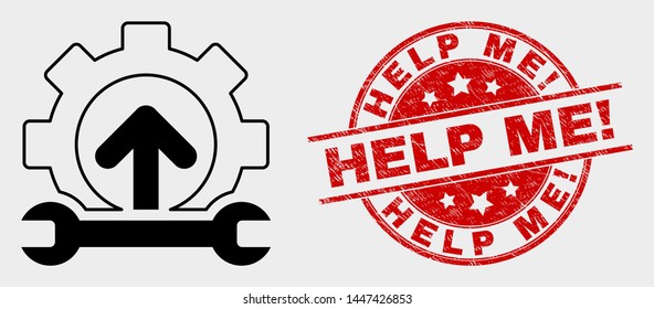 Vector forward gear repair pictogram and Help Me! seal stamp. Red round textured seal stamp with Help Me! caption. Vector composition for forward gear repair in flat style.