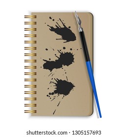 Vector fountain pen, fountain pen on notepad and Black ink paint spots. Realistic style illustrated