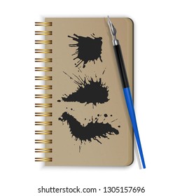 Vector fountain pen, fountain pen on notepad and Black ink paint spots. Realistic style illustrated