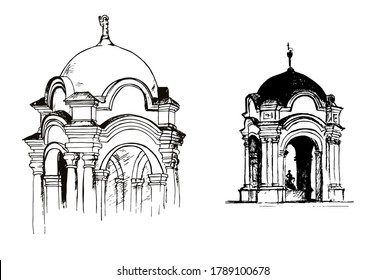 Fuente vectorial del esbozo de arquitectura de Samson. Ilustración de tinta negra