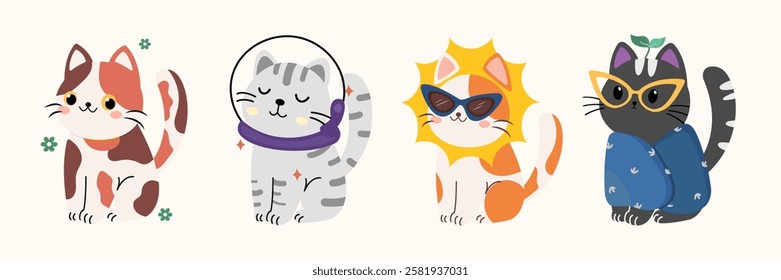 vector four adorable cute cats with fur colors orange, gray, black, and cookie standing happily