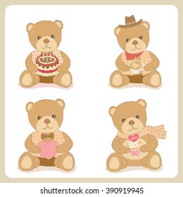 Vector Four Bears Hold The Birthday Cake Coffee The Heart And Cupcake.Isolated White Background.