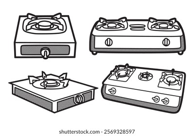 vector four black and white images, line art, simple gas stove