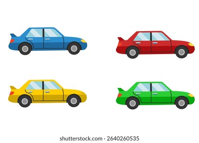 Vector of four blue, red, yellow and green sports cars in cartoon style side view. Dynamic design for automotive, posters or children's teaching materials