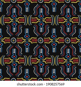 vector four color ethnic freeform lines seamless pattern on black