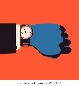 Vector four colored high contrast square illustration on hand with wrist watch | Hand of male businessman in black suit checking time on his watch