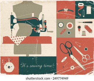 Vector four colored retro style wall art printable decorative poster on hand craft, sewing and stitching with vintage sewing machine and craft supplies. Old paper texture on separated layers. 