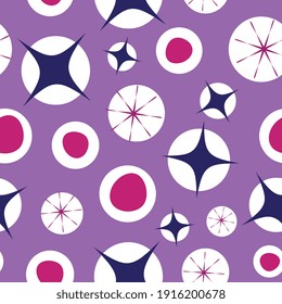 Vector four corner or six corner star and organic circle in white bubble on lila backround. Seamless pattern. Perfect for fabric.