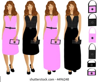 Vector Four different versions of a woman dressed up with purse. Six extra purses. Colors are black and pink. Very detailed.