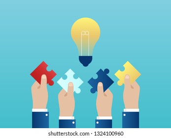 Vector of four hands together reaching out with puzzle pieces having a successful idea. Teamwork concept. 