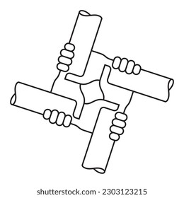 Vector de cuatro manos. Símbolo de amistad. Aislado sobre fondo blanco.