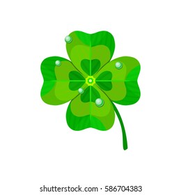 Vector four leaf clover with dew isolated on white background - the symbol of St. Patrick's day. Nature illustration. Concept for design t-shirt print, poster