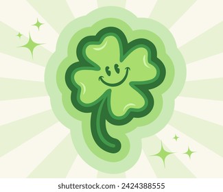 Vector four leaf lucky clover for st. Patrick's day in groovy style. Retro cartoon of lucky clover for Patricks day.