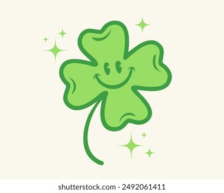 Vector four leaf lucky clover for st. Patrick's day in groovy style. Retro cartoon of lucky clover for Patricks day.