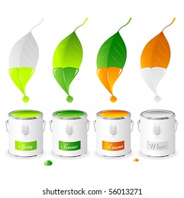 Vector of four leaves dipped in paint cans containing colours representing the four seasons, Spring, Summer, Autumn and Winter. JPG and TIFF versions of this image are also available in my portfolio.