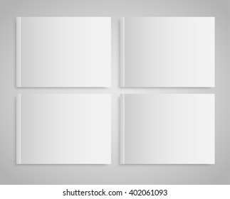 Vector four mockups for presentation. Closed horizontal rectangle magazine, brochure, booklet, album, book, copybook or notebook template. Blank mock up book cover lying on a gray background. Mockup.
