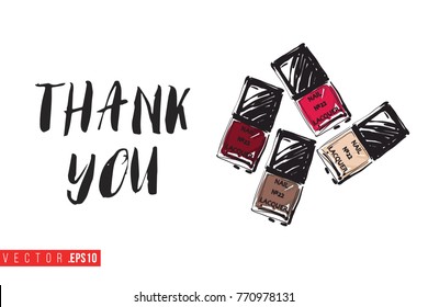 Vector four nail polish with motivational text: thank you. Fashion accessory illustration in glamour style for beauty salon, shop, blog print. Isolated symbol on white background.