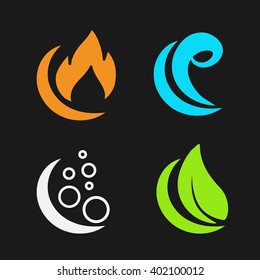 Vector four natural elements - fire, air, water, earth - nature symbols with flame, bubble air, wave water and leaf