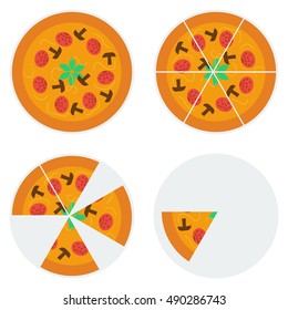 Vector four pizzas icons. Whole, cut, and the pieces of pizza isolated on white in flat style