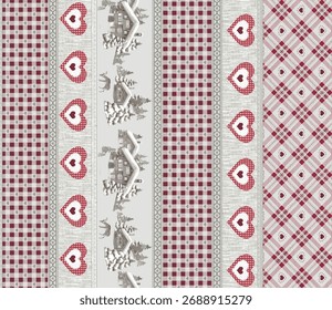 Vector de cuatro bordes rojos, negros y blancos de San Valentín con ribete de guinga.